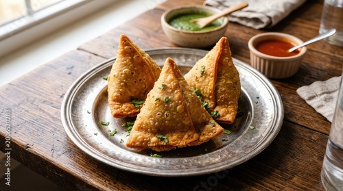 Samosas on a plate with chutneys a delicious indian snack presentation