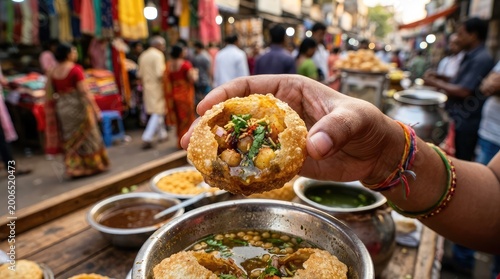 Indian street food a close up of delicious pani puri with vibrant background
