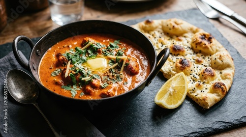 Spicy tomato soup with naan bread and lemon a comforting culinary delight
