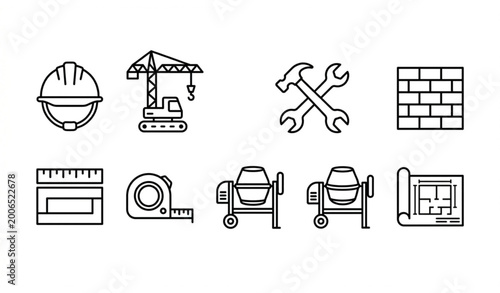 Editable line icon set for construction and building projects with vector illustrations for architecture and engineering designs