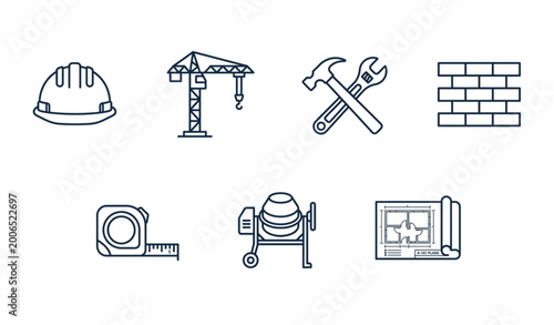 Editable line icon set for construction and building projects with vector illustrations for architecture and engineering designs