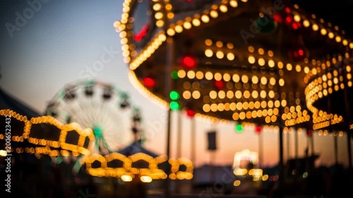 Amusement park ferris wheel and lights blurred in the evening