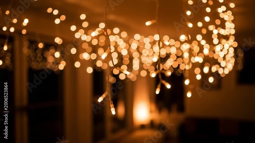 Hanging golden fairy lights with warm glowing background bokeh