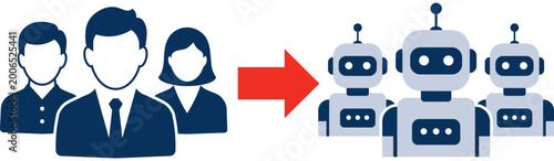 Workforce automation concept, human workers replaced by AI robots, job displacement and digital transformation vector illustration