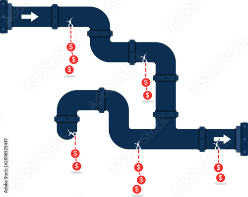Cash leakage system concept, multiple financial loss points in pipeline, money drain and inefficiency in business process vector illustration