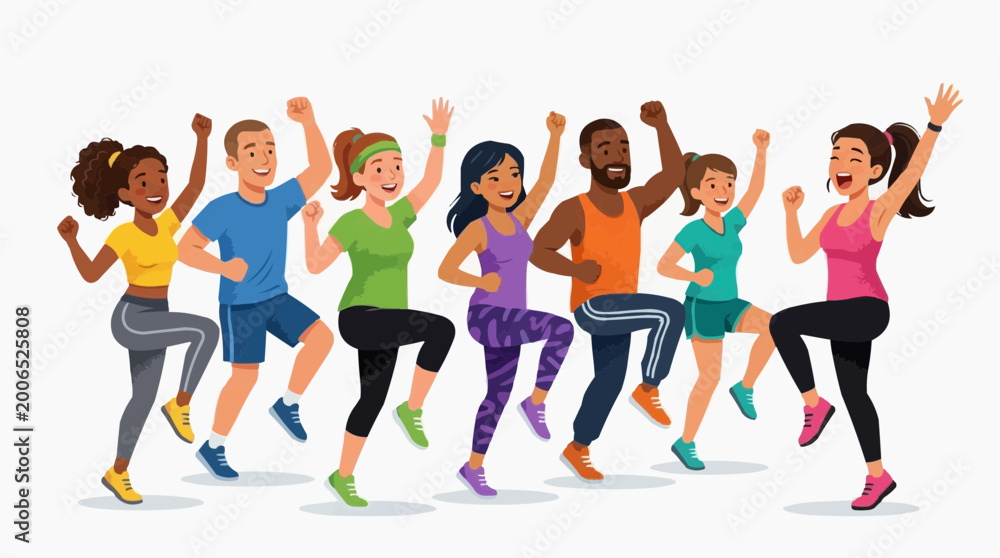 Obraz premium A vibrant illustration showcases a diverse group of people enthusiastically engaged in a fitness class, embodying energy and well-being. The scene radiates vitality and the pursuit of health.