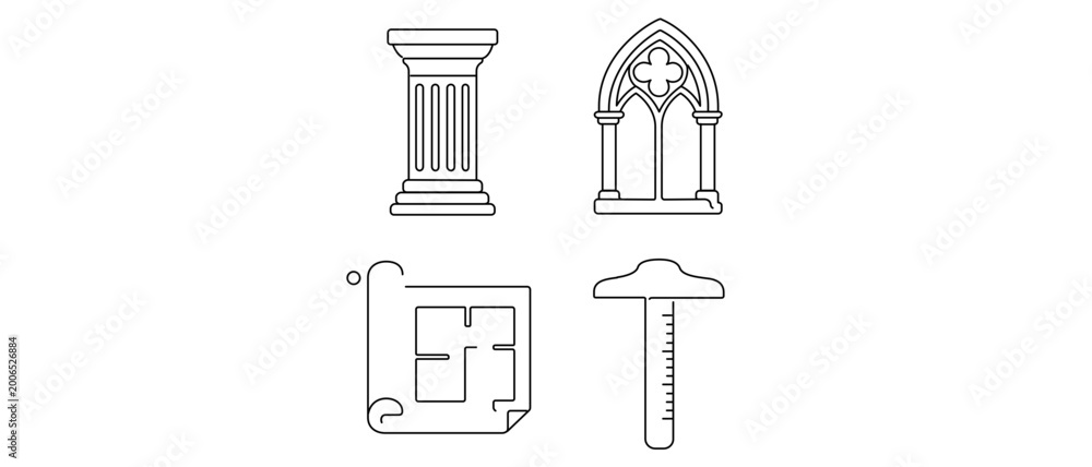 Fototapeta premium Classical Architecture and History Editable Stroke Vector Icon Set. Collection of 4 Icons featuring a Doric Column, Gothic Arch, Blueprint, and T-Square for Archaeology and Design Projects.