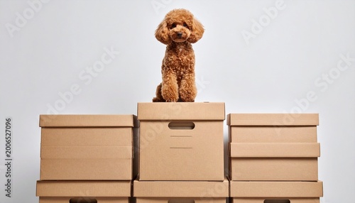 A miniature poodle sits atop a pile of neatly stacked recycled cardboard boxes, imply