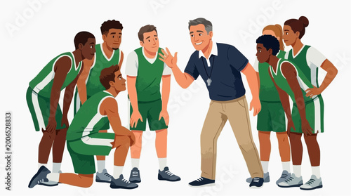 A coach's motivational pep talk with a diverse basketball team.