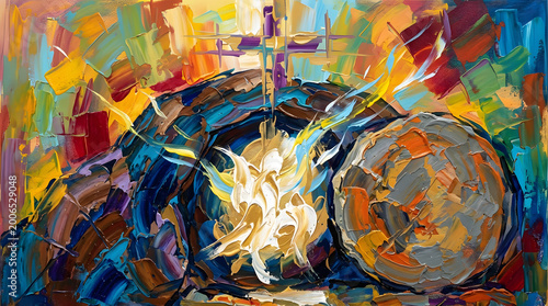 Colorful abstract oil painting of empty tomb with rolled away stone and cross resurrection easter art