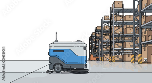 Tableau sur toile An industrial floor scrubber machine moves along the aisle of a vast warehouse filled with stacked storage racks and cardboard boxes