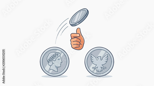 A coin flip illustration, embodying the moment of a decision.