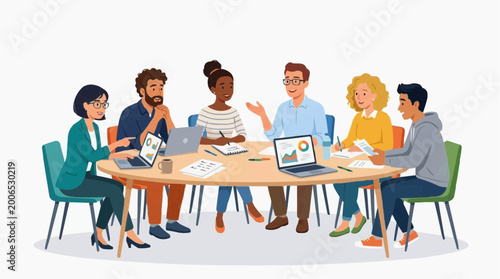 A lively and engaging team meeting around a conference table. People are animated, sharing ideas, and collaborating. A modern and inclusive workspace dynamic.