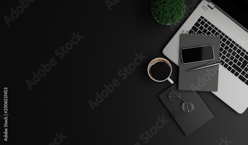 Modern Workspace with Laptop, Smartphone, Coffee, and Accessories on a Black Desk for Productivity and Minimalist Design