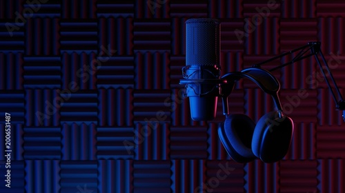Professional Microphone and Headphones in Modern Recording Studio with Acoustic Foam Panels