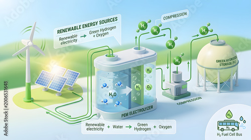 Green hydrogen production process renewable electricity to h2 fuel cell bus via pem electrolyzer and storage