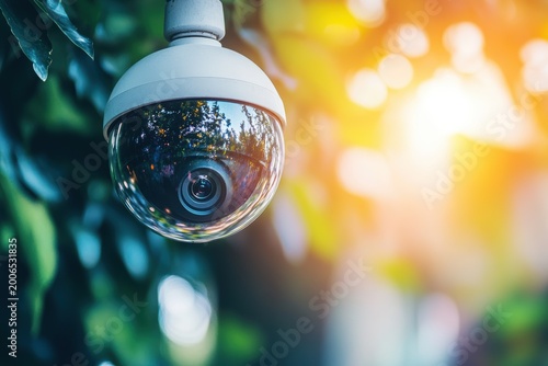 Surveillance Camera in Private House Garden, Surrounded by Lush Greenery with a Blurred Background at Sunset