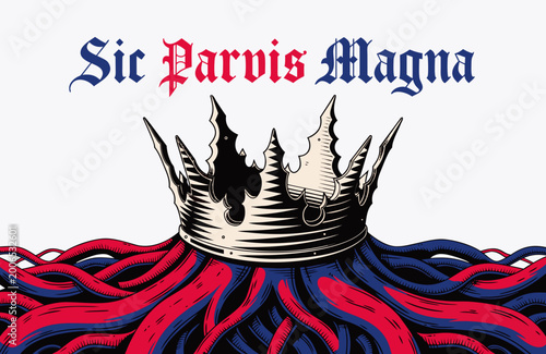 Crown with red and blue waves and text 