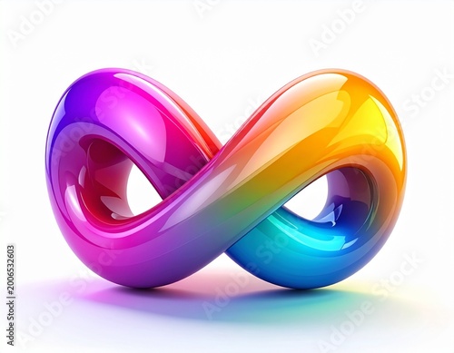 Glossy 3D infinity symbol with a colorful rainbow gradient on white background, representing eternity, continuity, and neurodiversity awareness.
