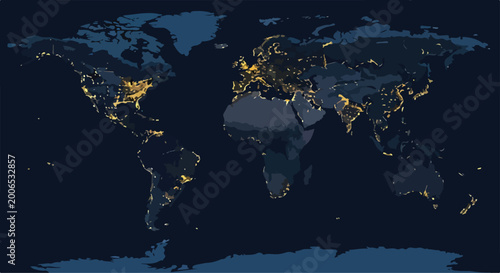 Фотография A world map with illuminated city areas