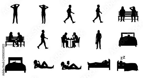 Silhouettes of people in bedroom scenes.