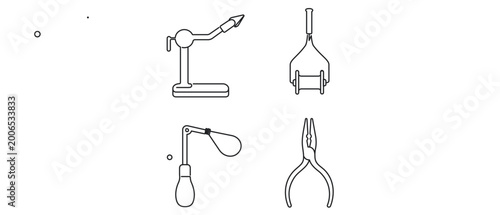 Professional Fly Fishing Tying Equipment Vector Icon Set with Editable Stroke. Collection of 4 Icons: Rotary Vice, Bobbin Holder, Whip Finisher, Hackle Pliers. Minimalist Thin Line Art Design.