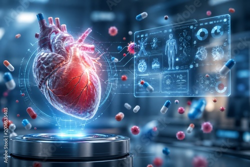 World Hypertension Day banner with Vibrant heart pulses with futuristic holographic data. Medication capsules float around advanced medical interface. Heart rests on glowing circular platform,