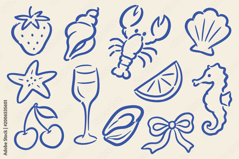 Obraz premium Summer beach icons set blue doodle pattern vector