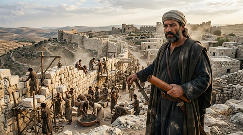 Nehemiah holding a scroll and sword, overseeing the rebuilding of jerusalem walls, biblical historical scene