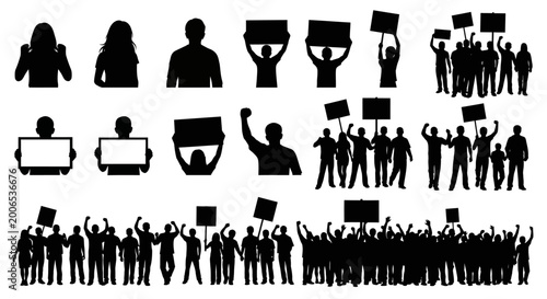 Tableau sur toile Black silhouettes of protesting people.