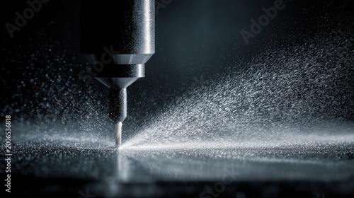 Precision machining with water jet cutting, creating fine mist and sparks