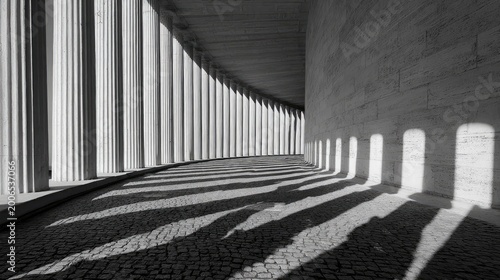 Sunlight streams through columns, casting striped shadows on a curved walkway