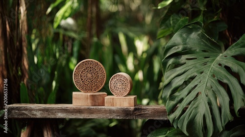Ornate wooden disks on display amidst lush, vibrant jungle foliage