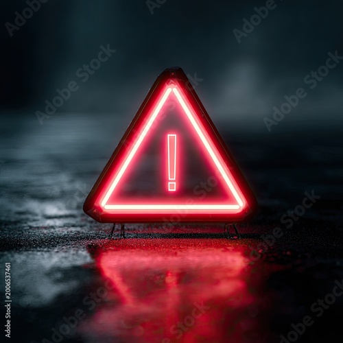 Neon warning sign with exclamation mark glows on wet, dark surface