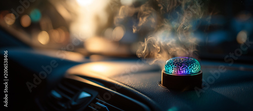 Colorful air freshener sits on car dashboard