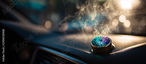 Colorful air freshener sits on car dashboard