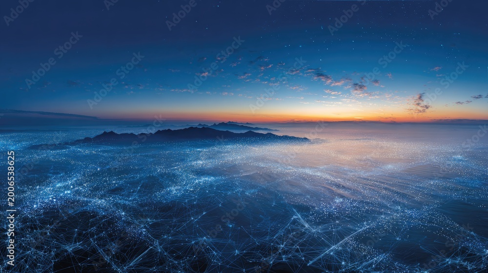 Fototapeta premium Vast blue illuminated city sprawl merges with distant islands at dawn under starry sky