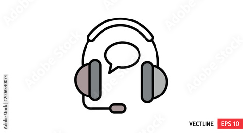 Headset with speech bubble icon, communication, support, customer service, call center, flat design.