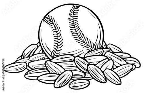 Vintage Baseball Ball Resting on Pile of Sunflower Seeds in Outline Style