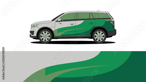 Foto Green and white SUV vehicle side view.