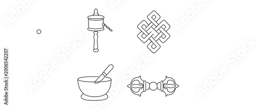 Tibetan Buddhism Vector Icon Set with Editable Stroke: Collection of 4 Icons featuring Prayer Wheel, Endless Knot, Singing Bowl, and Double Vajra. Minimalist Spiritual Symbols for Modern Design.