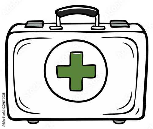 Illustration of a classic first aid kit with a green cross symbol