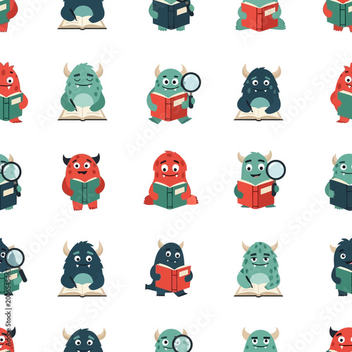 Cute cartoon monsters reading books and holding magnifying glasses.