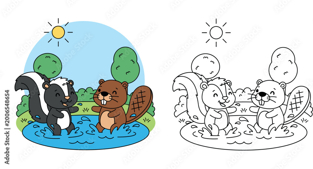 Naklejka premium Cute Cartoon Skunk and Beaver Playing Happily in a Pond Under the Sun