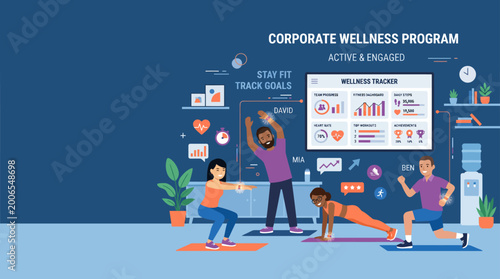 Foto Corporate Wellness Program: Employees Exercising and Tracking Fitness Goals