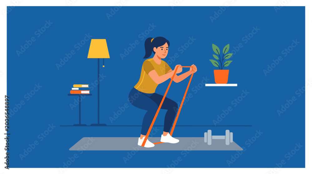 Fototapeta premium Woman exercising with resistance band at home, fitness and healthy lifestyle