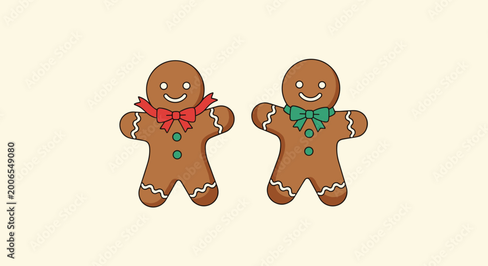 Obraz premium Pair of smiling gingerbread men cookies decorated with red and green bows and white frosting details on a warm cream background.
