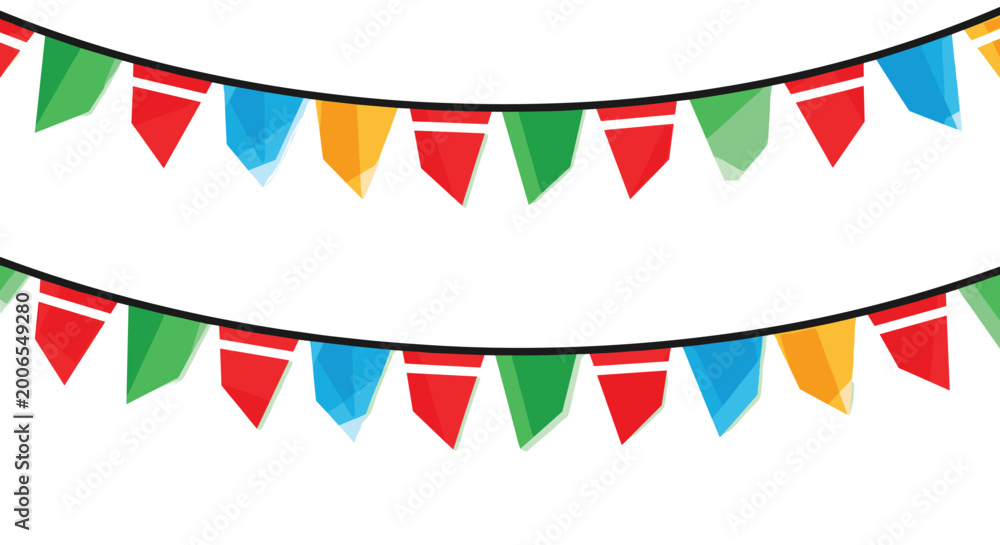 Obraz premium Two festive strings of colorful triangular bunting flags in red, blue, green, and yellow hanging across a white background.