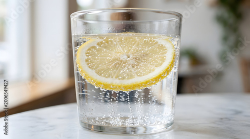 Canvastavla Fresh lemon slice floating in sparkling water glass with carbonated bubbles rising through liquid against bright blurred window background showing healthy citrus detox drink concept