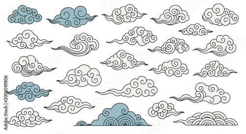 Set of traditional oriental style clouds in shades of blue, gray, and white with swirling curly patterns.
